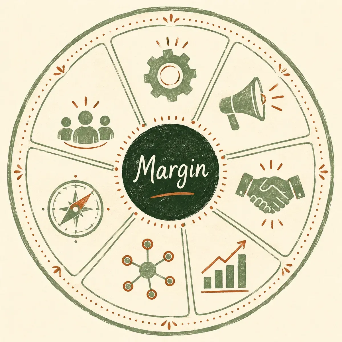 Margin's seven-domain assessment wheel with Margin at the center surrounded by icons for service delivery, marketing, sales, financial, systems, leadership, and team.