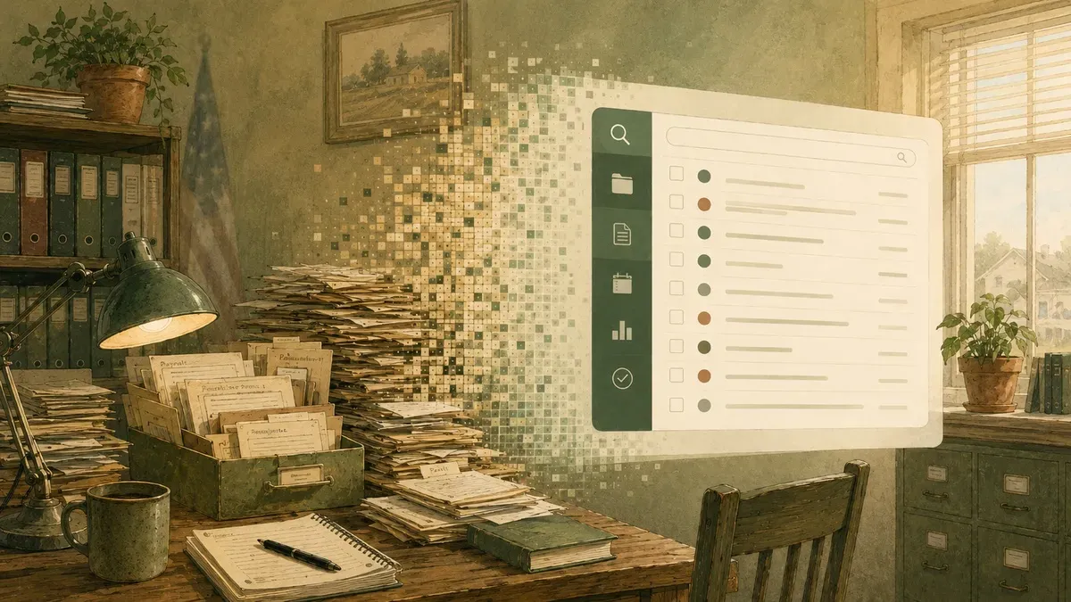 Illustration of a small-city clerk office with stacks of records dissolving into an organized digital task list, with a faint American flag in the background.