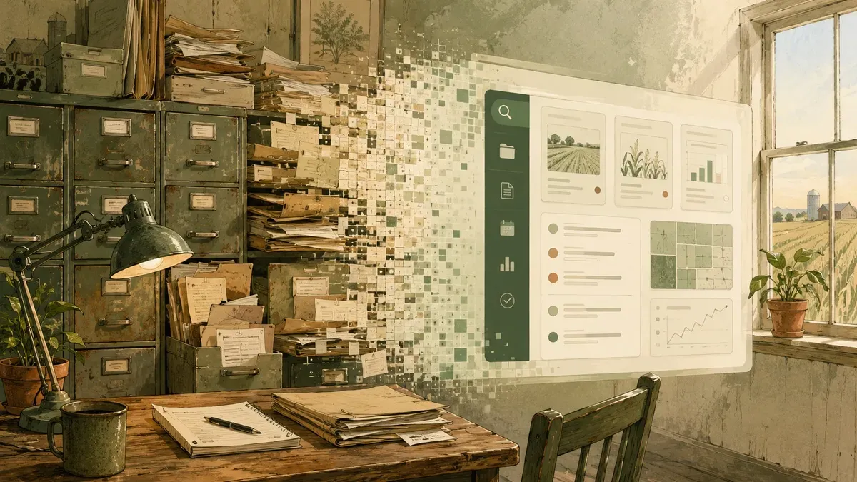 Illustration of a small county auditor office bullpen where a wall of sticky notes is reorganizing itself into a clean kanban-style digital board.