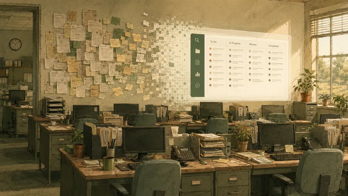 Illustration of a farm office where rows of metal file cabinets dissolve into a clean searchable digital Desk panel, with farm fields visible through the window.