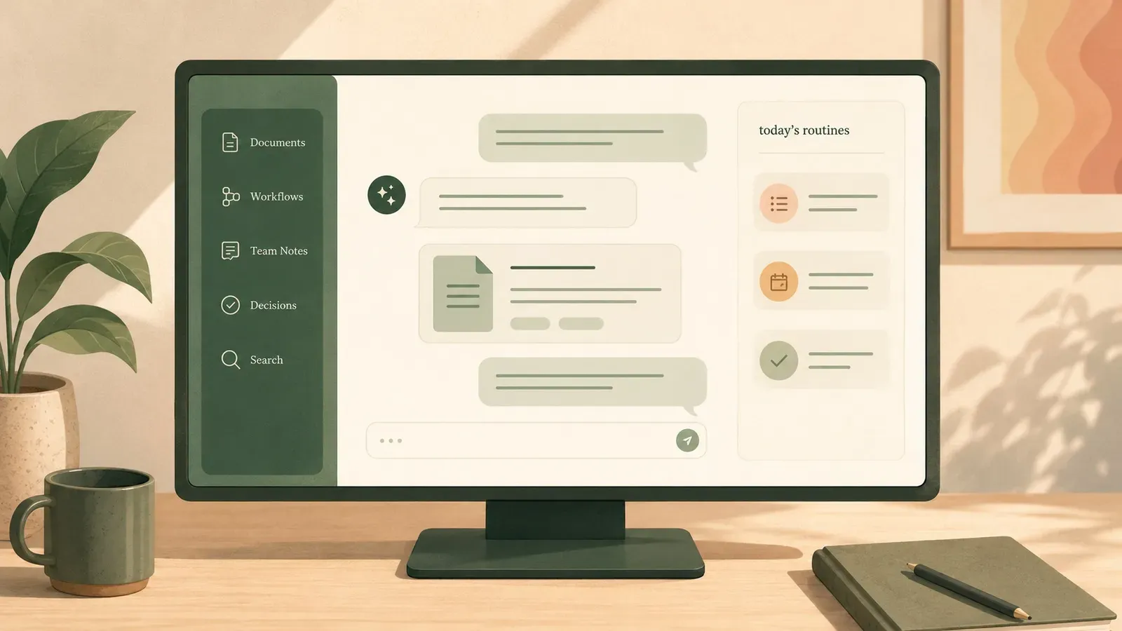 Illustration of a Margin Desk on a wide monitor: left sidebar with Documents, Workflows, Team Notes, Decisions and Search; center pane with an AI conversation surfacing a document; right pane listing today's routines.