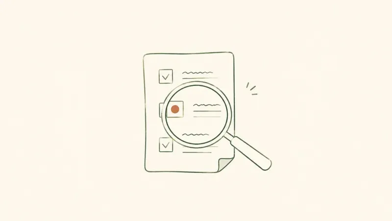Illustration of a magnifying glass over a checklist with one item highlighted.
