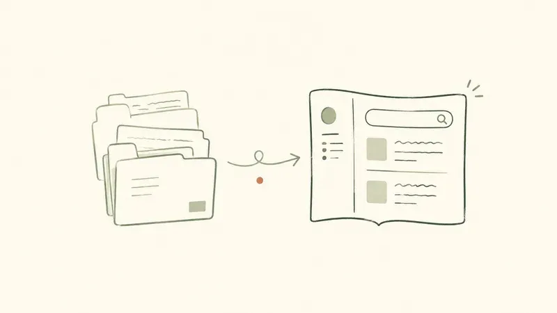 Illustration of folders becoming a single searchable knowledge panel.