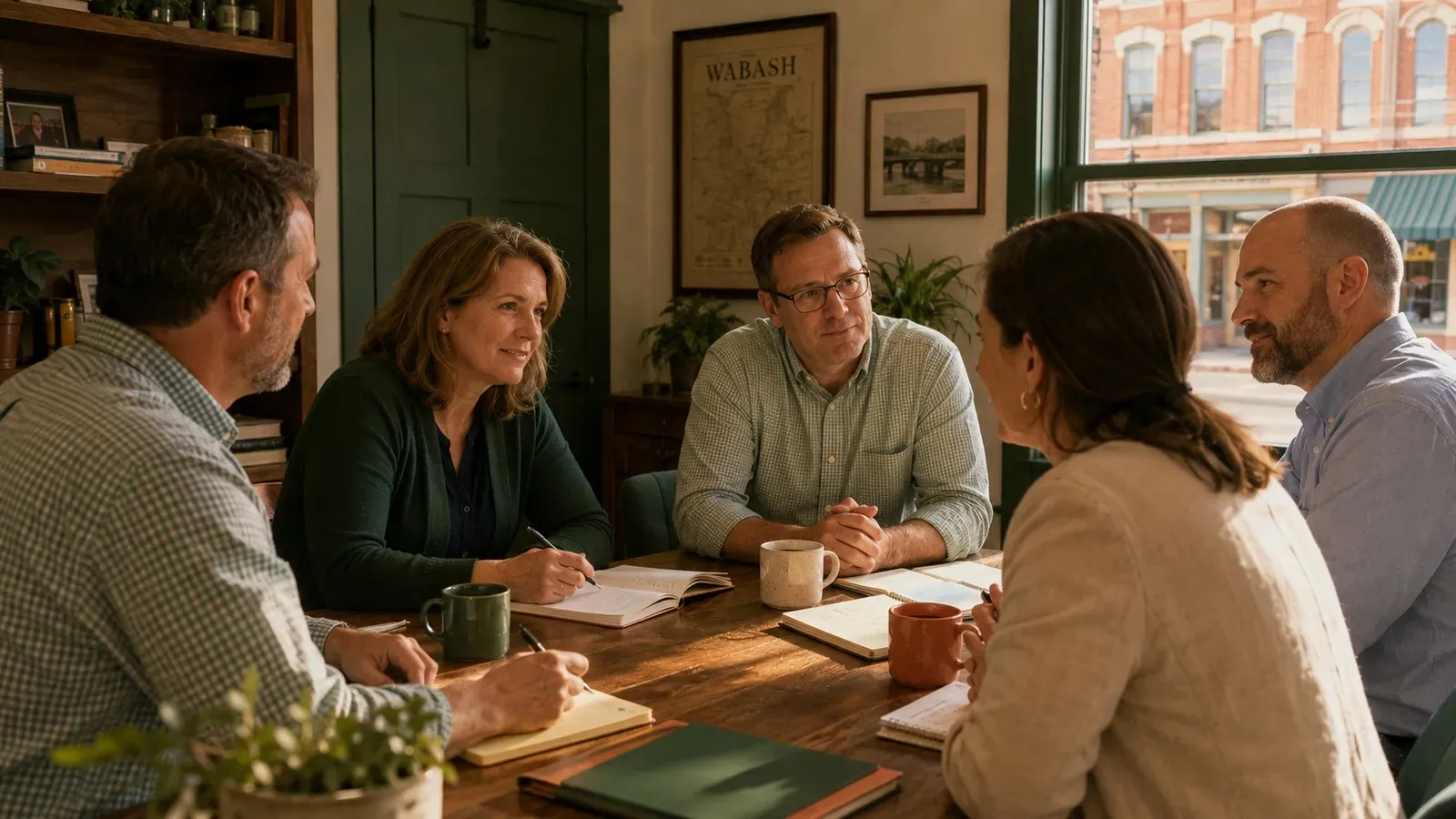 Margin consultants Sara Byers and Shane Waters listening to a client team around a wooden conference table in their Wabash, Indiana office with the WABASH map on the wall and a brick storefront visible through the window.